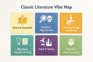 Classic literature vibe map in a six-card grid with themes: Short & Powerful, Mystery/High Drama, Coming-of-age & Identity, Big Ideas/Simple Writing, Dark & Twisty, and Hopeful/Heartwarming