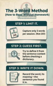 Infographic titled "The 3-Word Method" by LiberoReads. It outlines three steps on stacked cards: Step 1 is "Limit It"; Step 2 is "Guess First"; Step 3 is "Write It Down". The footer contains the LiberoReads logo and the quote, "Vocabulary grows faster when reading stays pleasurable." 